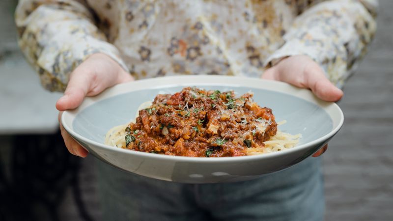 Pesto penne pasta with seasonal vegetables